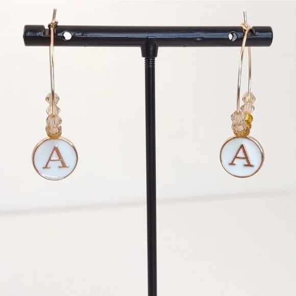 Initial Charm Earrings Gold and White - Picture 5 of 10